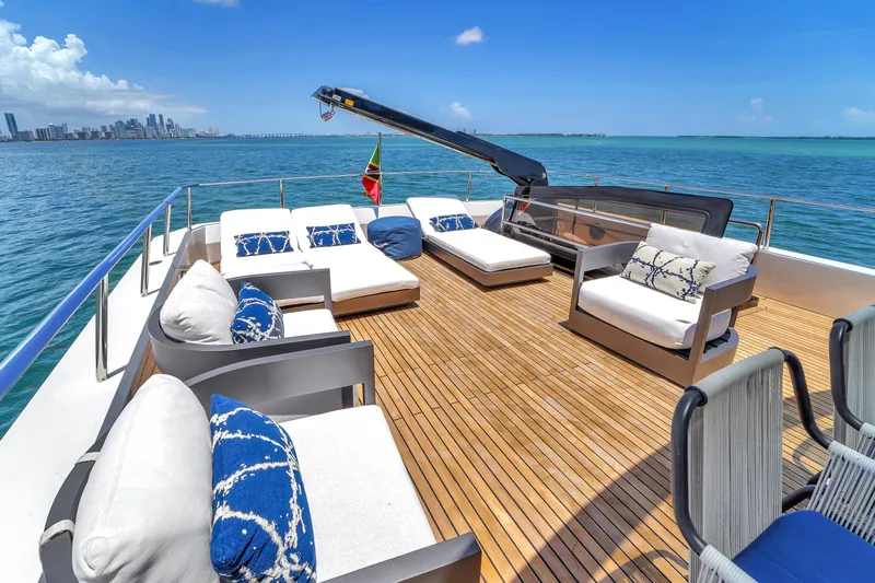  Yacht Photos Pics Luxurious 2021 OKEAN 80 yacht deck with stylish seating and ocean view.
