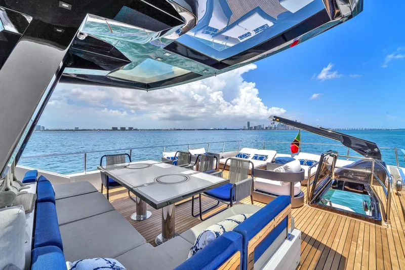  Yacht Photos Pics Luxurious 2021 OKEAN 80 yacht deck with modern seating and ocean view.