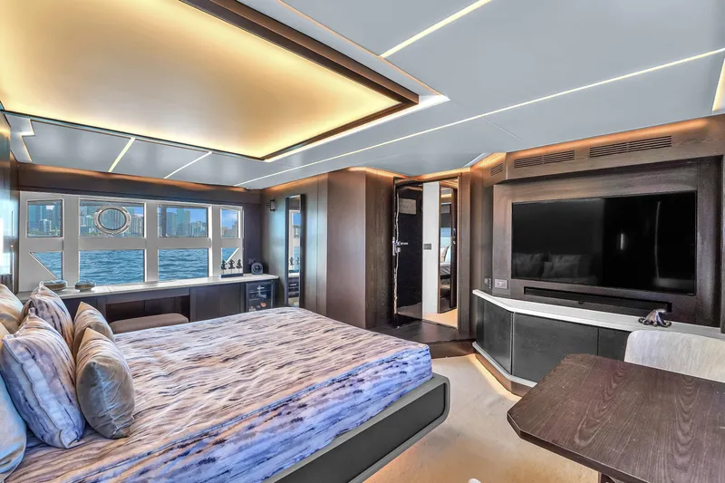  Yacht Photos Pics Luxurious interior of 2021 OKEAN 80 yacht with modern bedroom and ocean view.