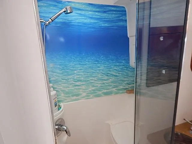 Intrepidation Yacht Photos Pics Bathroom interior of 2009 Intrepid 430 Sport Yacht with ocean-themed shower design.