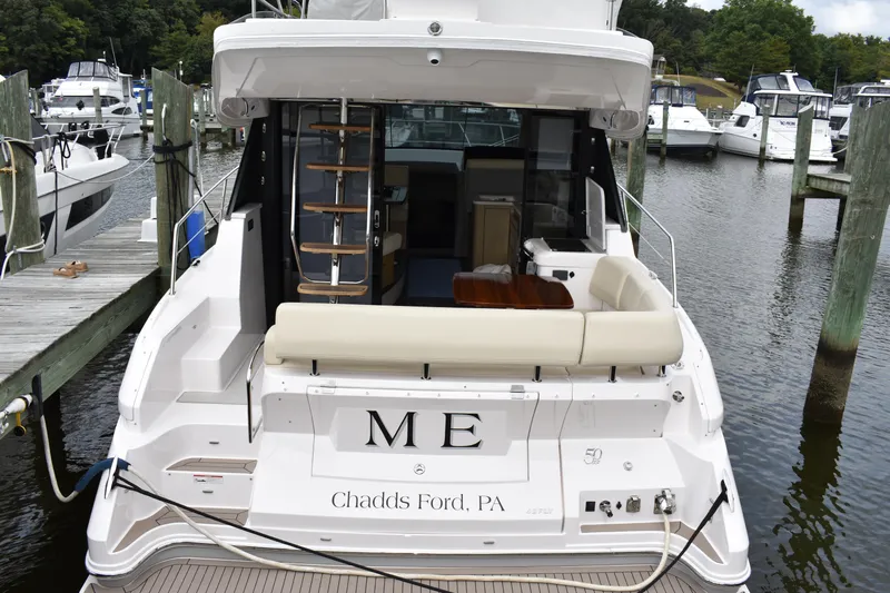 Me Yacht Photos Pics 2021 Regal 42 Fly yacht docked, rear view, Chadds Ford, PA.