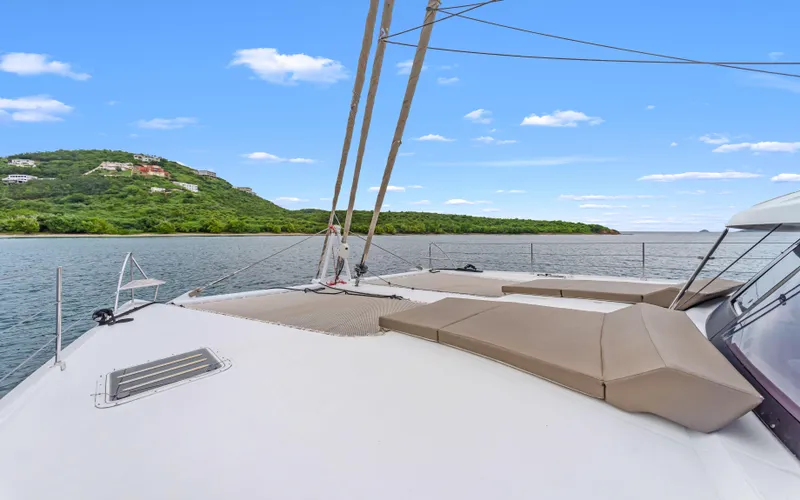 Wonderlust Yacht Photos Pics Luxury Fountaine Pajot 72 yacht deck with scenic ocean view, 2016 model.