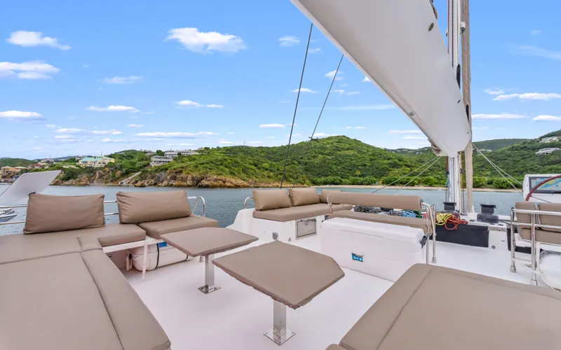 Wonderlust Yacht Photos Pics Luxurious 2016 Fountaine Pajot 72 yacht deck with scenic ocean view.