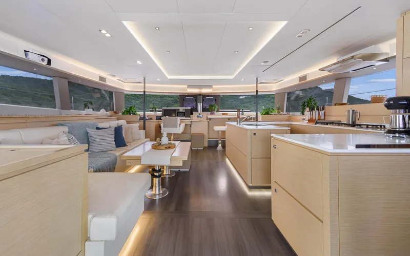 Wonderlust Yacht Photos Pics Luxurious interior of 2016 Fountaine Pajot 72 yacht with modern design and spacious layout.