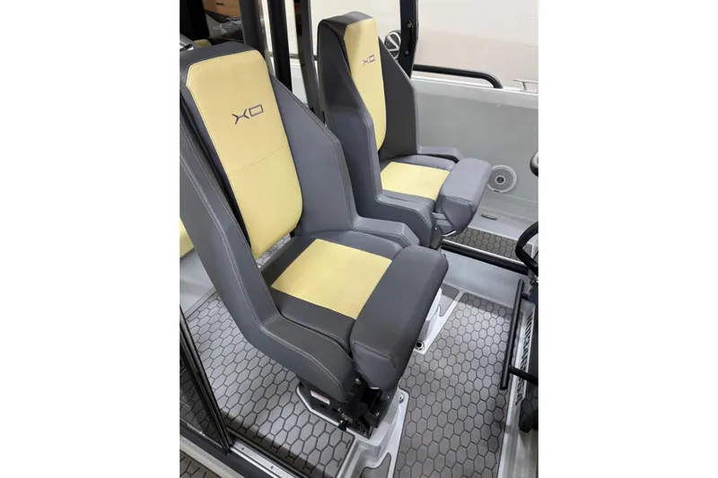 Dfndr1 Yacht Photos Pics 2021 XO Boats DFNDR 9 interior seats with yellow and gray design.
