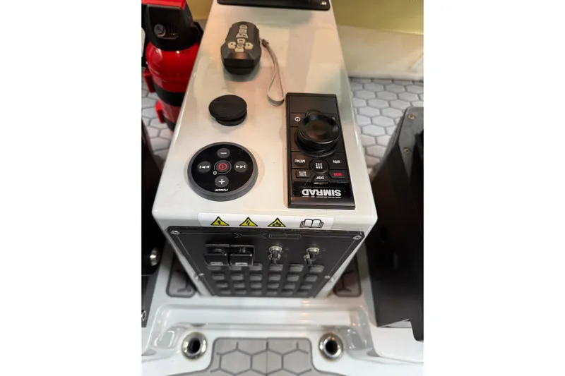 Dfndr1 Yacht Photos Pics Control panel of 2021 XO Boats DFNDR 9 with Simrad navigation system.