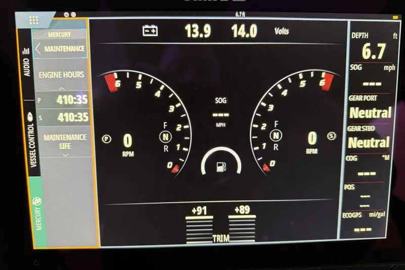 Dfndr1 Yacht Photos Pics Dashboard display of a 2021 XO Boats DFNDR 9, showing engine metrics and navigation data.