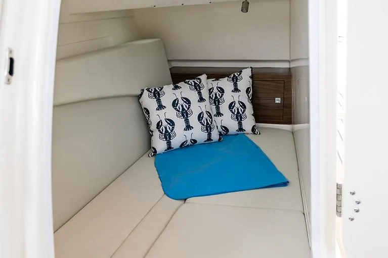  Yacht Photos Pics Manufacturer Provided Image: 2023 Boston Whaler 320 Vantage cabin interior with lobster-themed pillows and blue blanket.