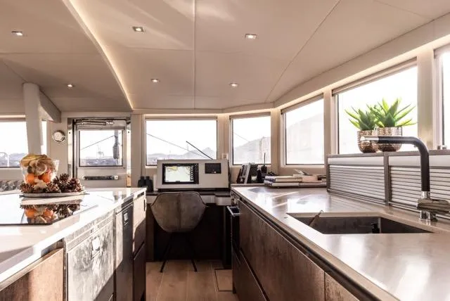  Yacht Photos Pics Luxurious Eyecat 55 Autumn yacht interior with modern kitchen and panoramic windows, 2024 model.