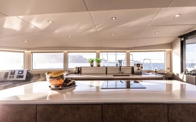  Yacht Photos Pics Luxurious Eyecat 55 Autumn yacht interior with modern kitchen and panoramic windows, 2024 model.