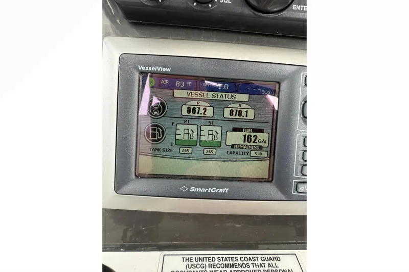  Yacht Photos Pics SmartCraft VesselView display on 2008 Sea Ray 47 Sedan Bridge showing fuel status and engine data.