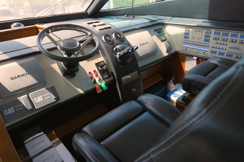  Yacht Photos Pics Cockpit of 2014 Fairline Squadron 78 Custom yacht with Garmin navigation system.