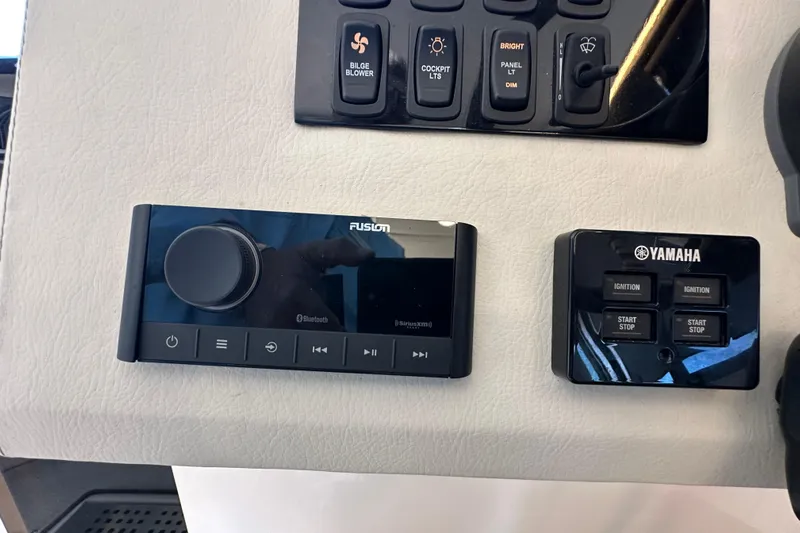  Yacht Photos Pics Control panel of a 2021 Regal 36 XO boat with Fusion and Yamaha systems.