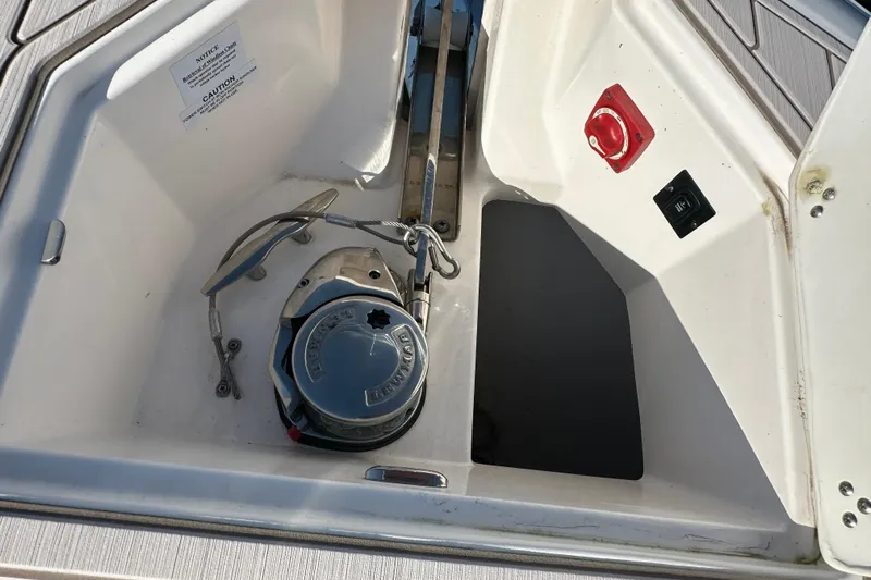  Yacht Photos Pics Anchor compartment of 2021 Regal 36 XO boat with winch and controls.