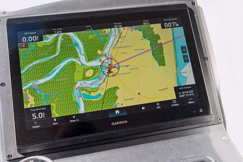 Worth The Wait Yacht Photos Pics Garmin navigation display on a 2012 Lagoon 560 yacht, showing detailed nautical map.