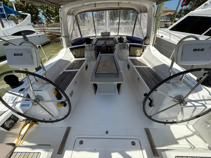  Yacht Photos Pics 2017 Beneteau Oceanis 41.1 yacht cockpit with dual steering wheels and navigation equipment.