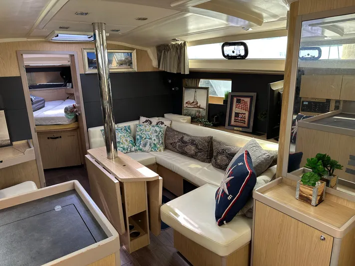  Yacht Photos Pics Luxurious interior of 2017 Beneteau Oceanis 41.1 yacht with modern furnishings.