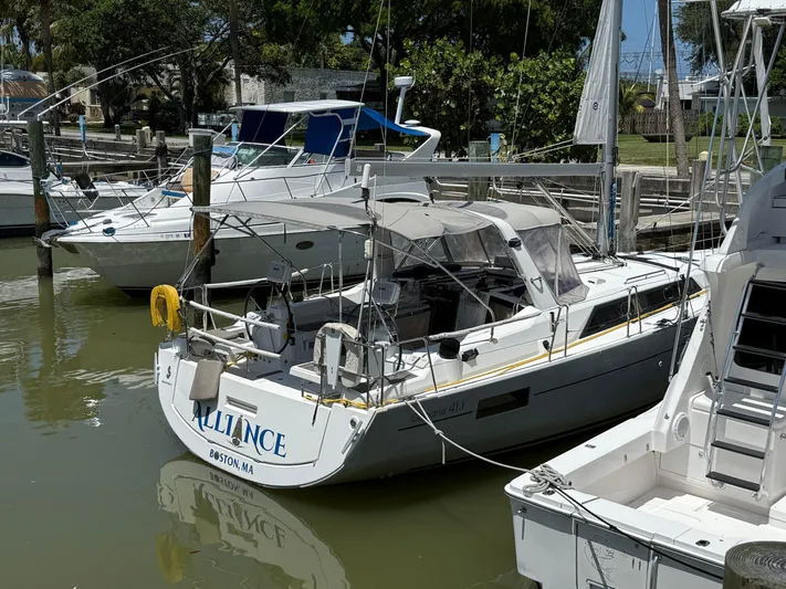 Yacht Photos Pics 2017 Beneteau Oceanis 41.1 sailboat docked in a marina.