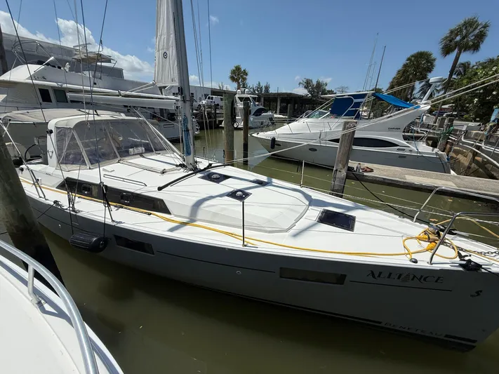 Yacht Photos Pics 2017 Beneteau Oceanis 41.1 sailboat docked in marina under clear skies.