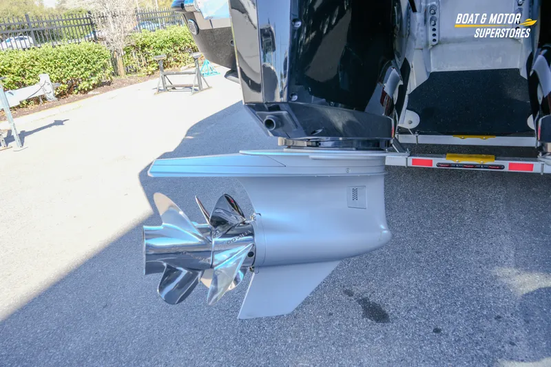  Yacht Photos Pics 2023 HCB 39 Speciale boat propeller and engine detail in a parking lot.