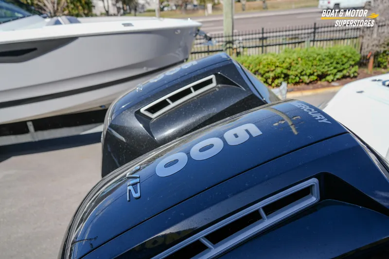  Yacht Photos Pics 2023 HCB 39 Speciale with Mercury 600 outboard engines at a boat dealership.