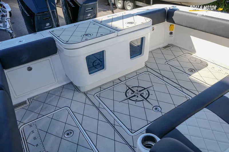  Yacht Photos Pics 2023 HCB 39 Speciale boat interior with custom flooring and seating.