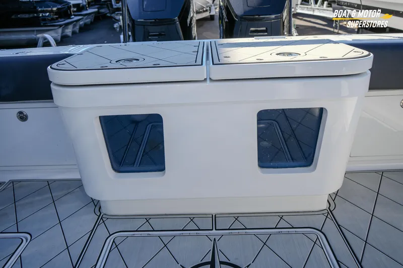  Yacht Photos Pics 2023 HCB 39 Speciale boat deck with storage compartments and sleek design.
