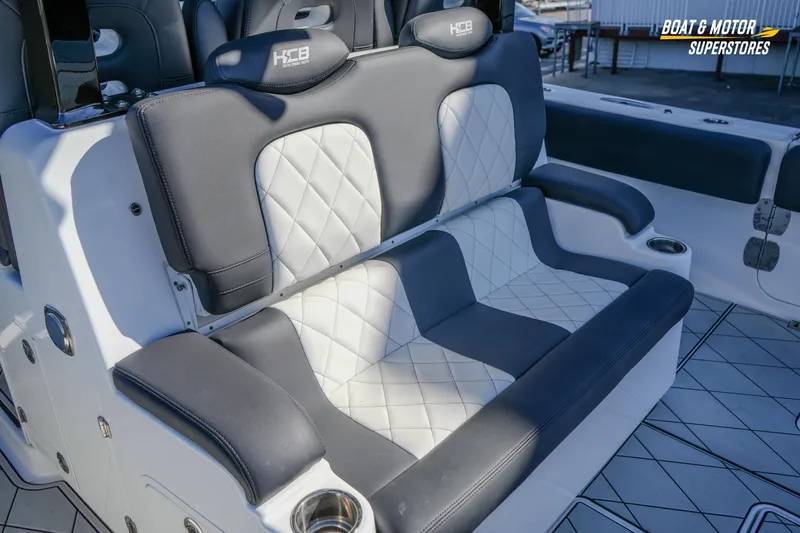  Yacht Photos Pics 2023 HCB 39 Speciale boat seating with diamond-stitched upholstery and cup holders.