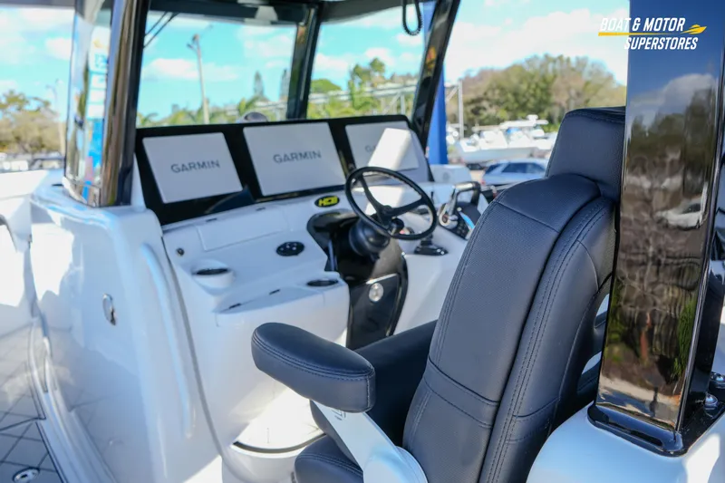  Yacht Photos Pics 2023 HCB 39 Speciale boat cockpit with Garmin displays and leather seating.
