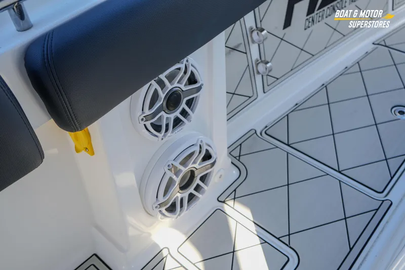  Yacht Photos Pics 2023 HCB 39 Speciale boat interior with speakers and cushioned seating.