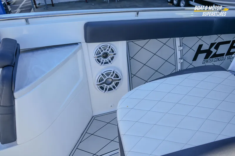  Yacht Photos Pics 2023 HCB 39 Speciale boat interior with speakers and cushioned seating.