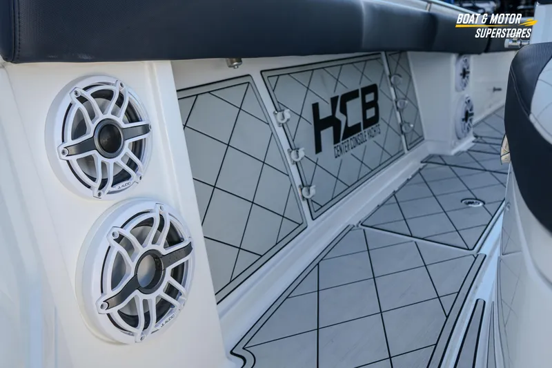  Yacht Photos Pics 2023 HCB 39 Speciale boat interior with speakers and custom flooring.