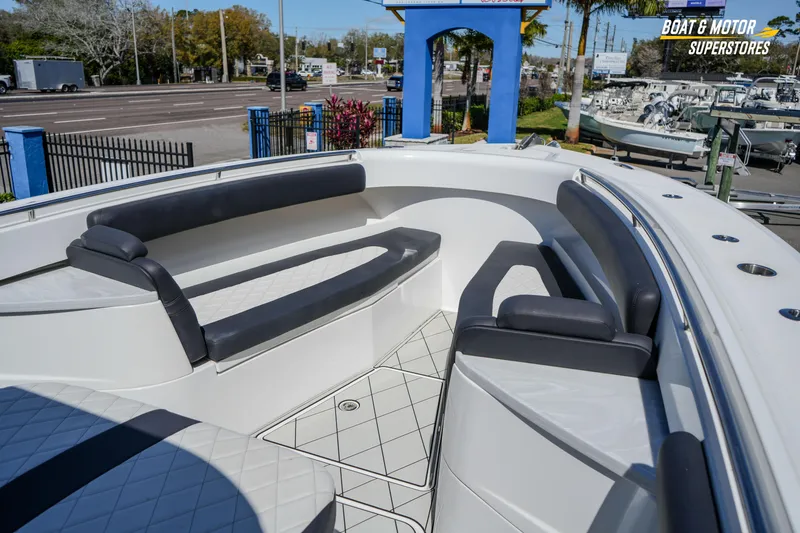  Yacht Photos Pics 2023 HCB 39 Speciale boat with spacious seating area at a dealership.