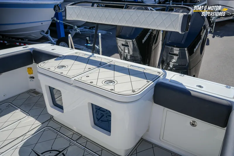  Yacht Photos Pics 2023 HCB 39 Speciale boat interior with dual outboard engines and seating area.