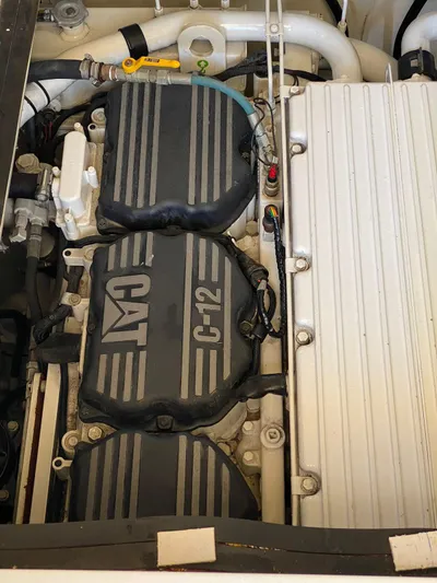  Yacht Photos Pics Engine compartment of a 2006 Azimut 50 yacht featuring a CAT C-12 engine.