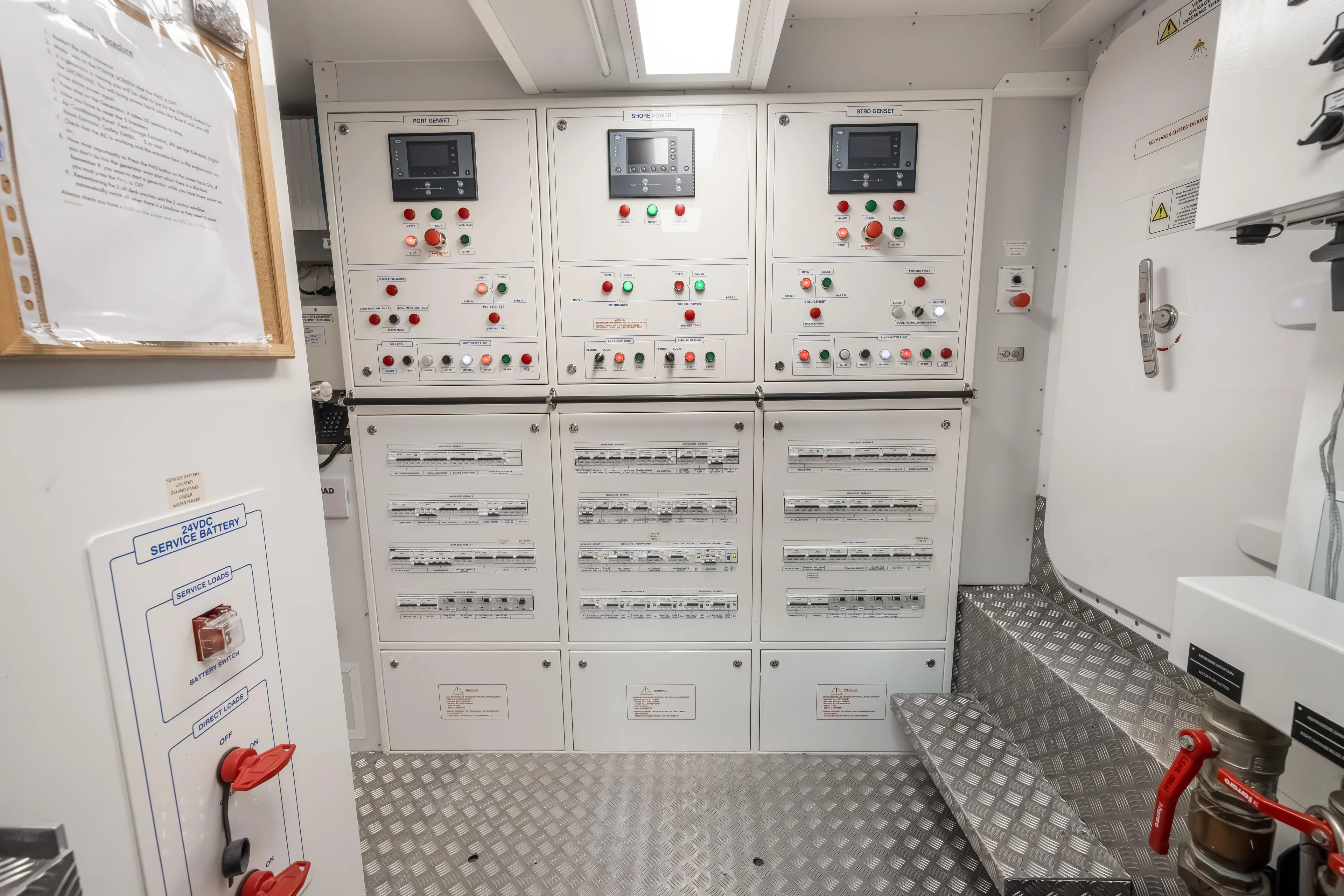 Navetta Yacht Photos Pics Electrical control room of 2023 Custom Line NAVETTA 42 yacht, featuring control panels and switches.