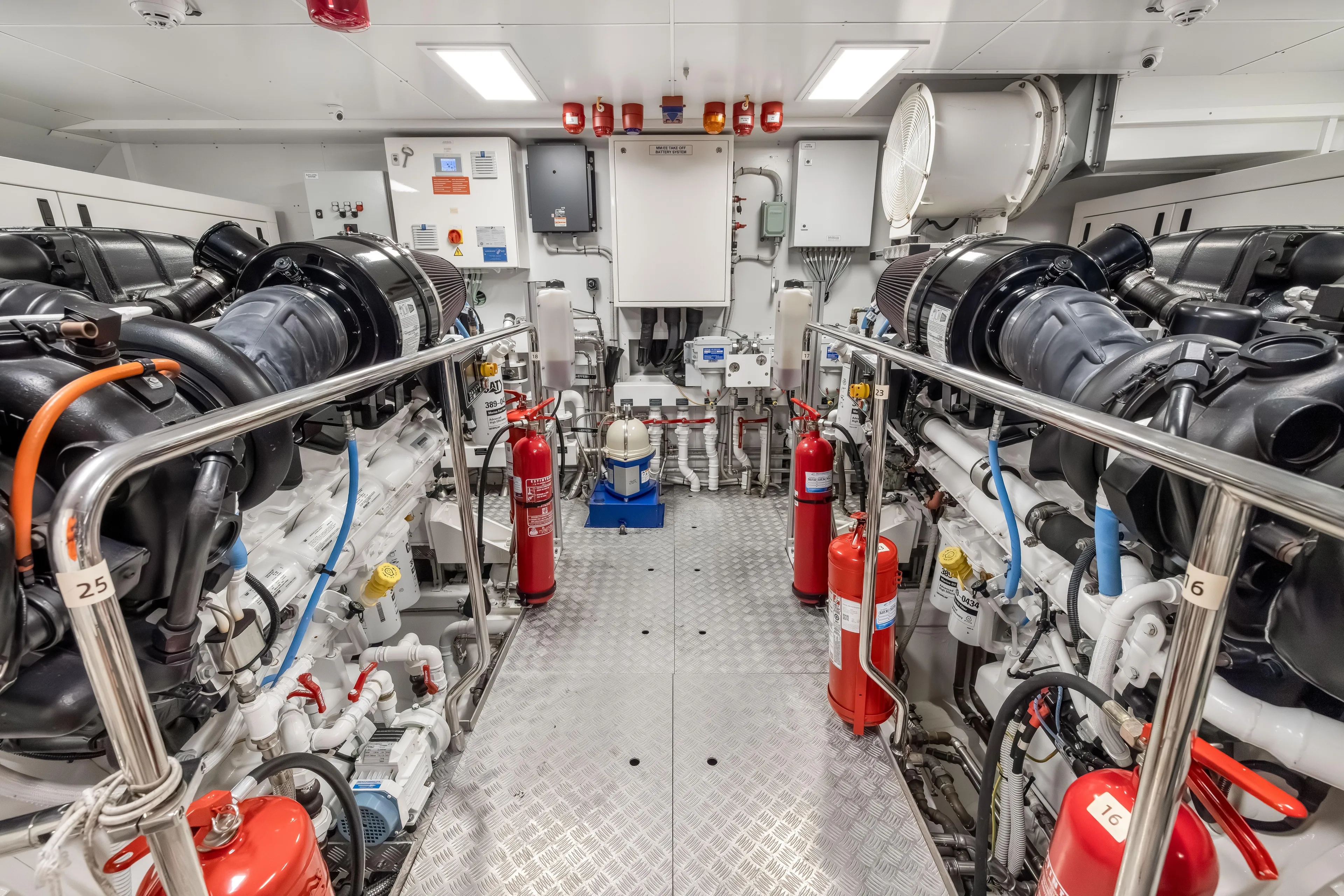 Navetta Yacht Photos Pics Engine room of 2023 Custom Line NAVETTA 42 yacht, featuring advanced machinery and safety equipment.