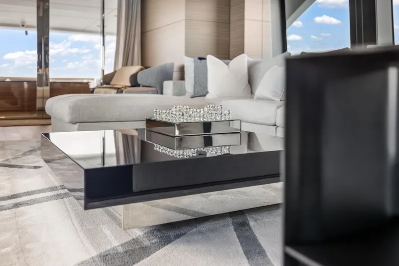 Navetta Yacht Photos Pics Luxurious interior of 2023 Custom Line NAVETTA 42 yacht with elegant furnishings.