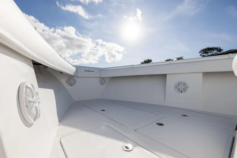 Bloodline Yacht Photos Pics 2018 SeaHunter 33' Center Console boat interior under sunny sky.