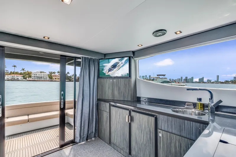  Yacht Photos Pics Interior of 2019 Silverton 4100 SC yacht with city view.