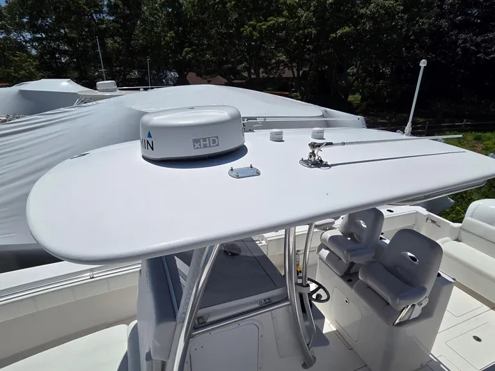White Cap Yacht Photos Pics 2016 Contender 32 ST boat with radar equipment and seating, viewed from above.