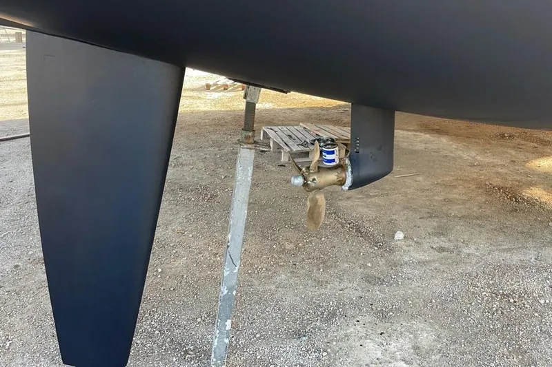 Mojito Yacht Photos Pics 2016 Lagoon 52 F catamaran keel and propeller on dry dock.