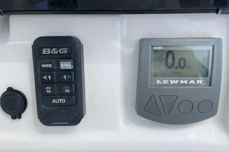 Mojito Yacht Photos Pics Control panel of a 2016 Lagoon 52 F yacht featuring B&G and Lewmar displays.