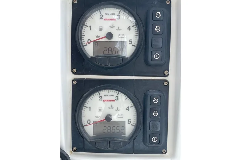 Mojito Yacht Photos Pics Yanmar engine gauges on a 2016 Lagoon 52 F catamaran, displaying RPM and hours.