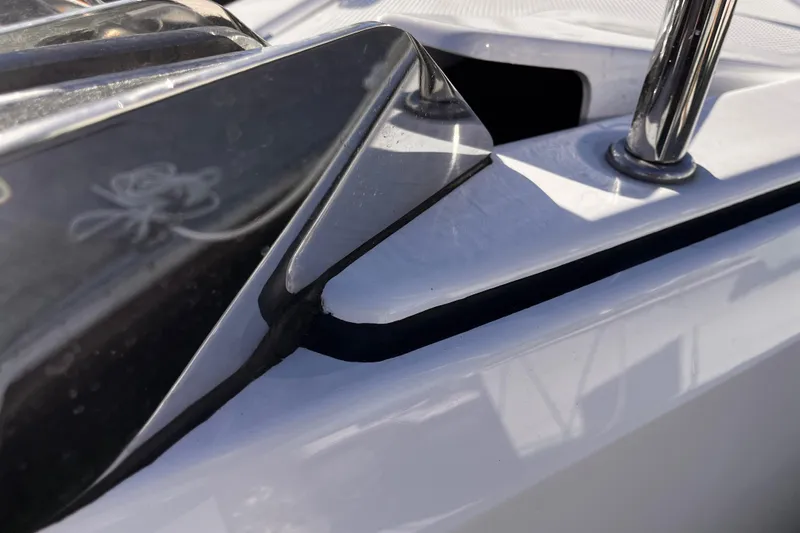 Mdr 388 #305 In Stock Yacht Photos Pics Close-up of 2023 Hanse 388 yacht's sleek deck design and polished metal fittings.