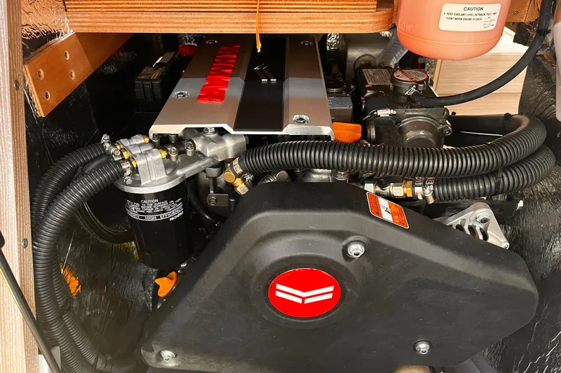 Mdr 388 #305 In Stock Yacht Photos Pics Engine compartment of a 2023 Hanse 388 yacht, showcasing detailed mechanical components.