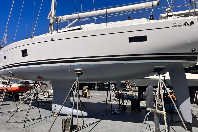 388 #305 Mdr Yacht Photos Pics 2023 Hanse 388 sailboat in dry dock.
