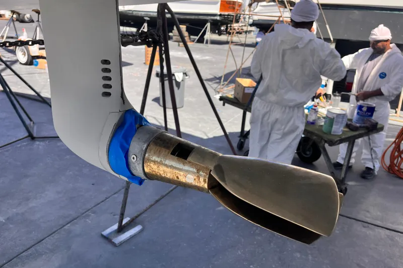 388 #305 Mdr Yacht Photos Pics Hanse 388 2023: Boat maintenance with propeller in foreground.