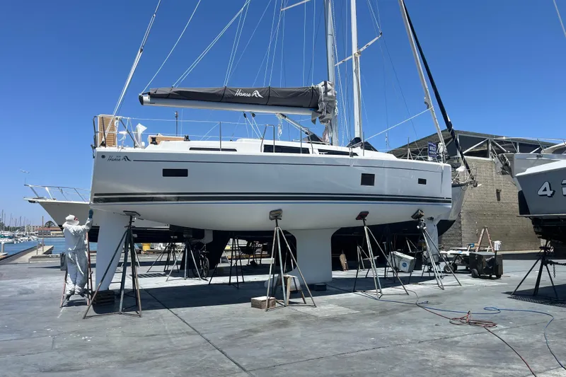 388 #305 Mdr Yacht Photos Pics 2023 Hanse 388 sailboat in shipyard, side view.