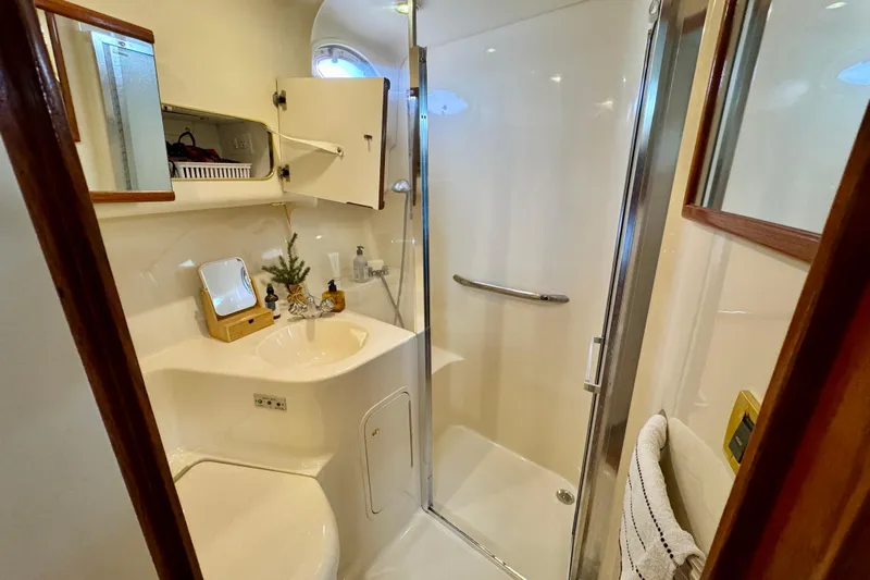 Shaneanigans Yacht Photos Pics 1998 Sea Ray 400 Sedan Bridge bathroom with shower, sink, and storage cabinet.
